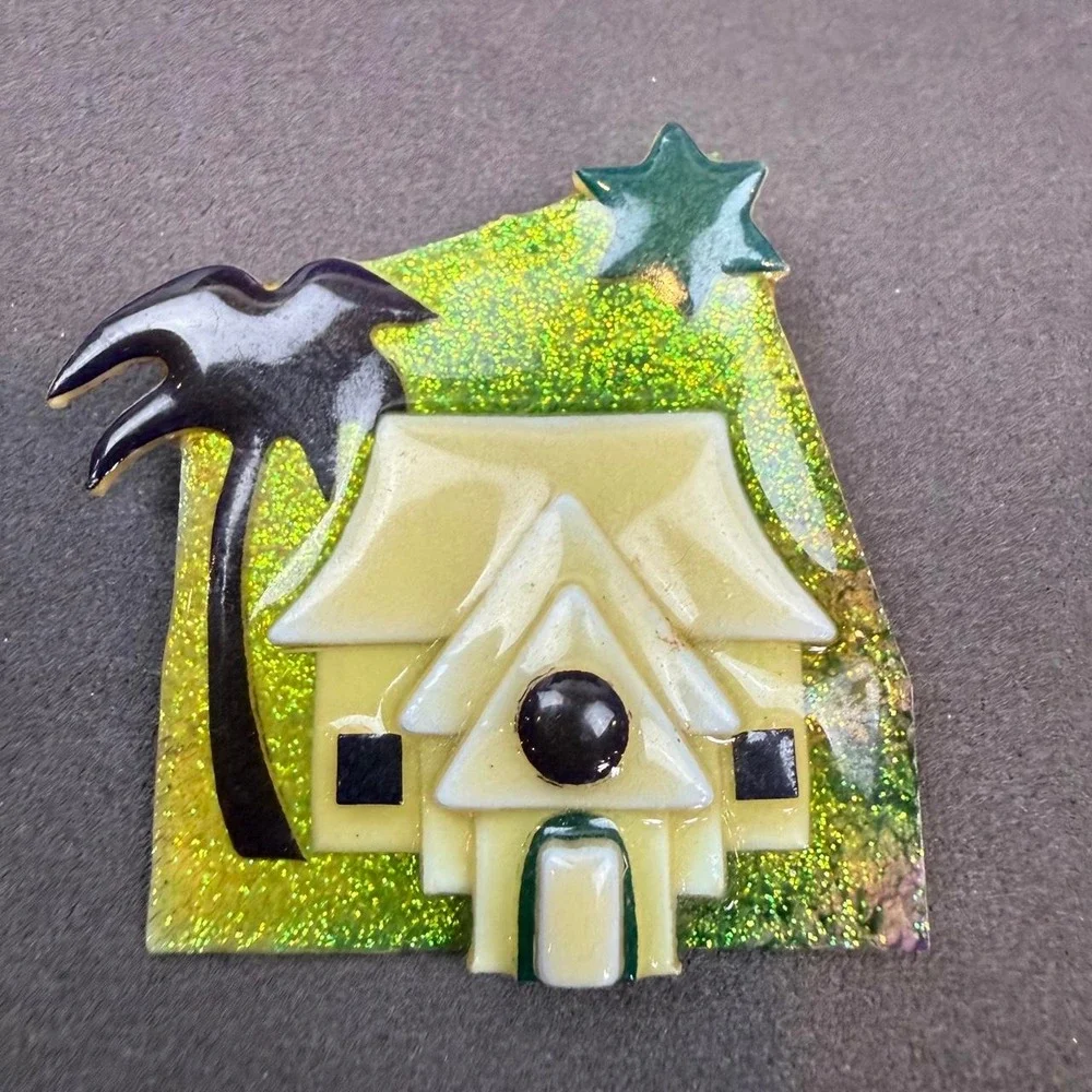 Lucinda Tropical Beach House Pin Glitter Palm Tree Brooch Handcrafted Folk Art